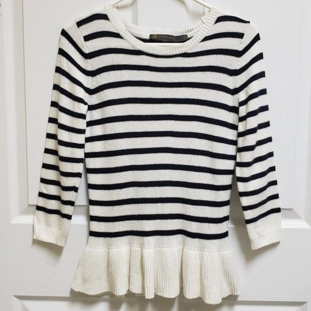 Outback Red Navy White Viscose Blend Striped Knit Back Bow Peplum Hem Sweater S